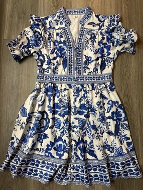 Blue & White Floral Cottage Mini Dress Boho Coastal Grandma Flutter Sleeve